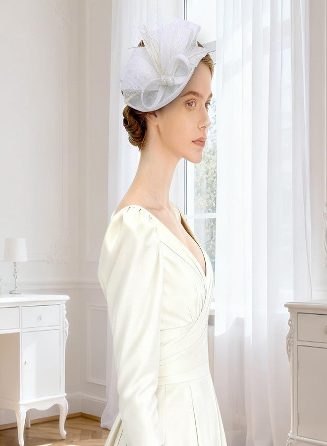 Lanpet Fascinators Hats for Church, Tea Party Hat for Women Vintage Feather Headpiece White - Image 4